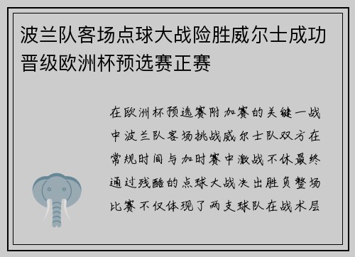 波兰队客场点球大战险胜威尔士成功晋级欧洲杯预选赛正赛