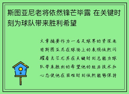 斯图亚尼老将依然锋芒毕露 在关键时刻为球队带来胜利希望